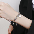 wholesale S925 Sterling Silver Korean-style Chunky Chain Link Tube Bead Double Round Pendant Goodluck Trendy Bracelet for Women-0-3