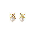 wholesale S925 silver sweet pearl earrings small cross line with diamonds simple summer women's earrings G8965-0-4