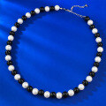 wholesale Metal Material, Moojing Jewelry Intense Light Perfectly Round Large 8mm Pearl Black Onyx Vintage Necklace French Collarbone Chain 40+5cm-0-0