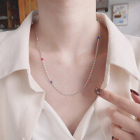 wholesale S925 Sterling Silver Olive Chain with Rainbow Resin Inlay Necklace, Sweet and Fresh Style, Gentle and Versatile Neckwear-451L/approximately 5.25g 925 silver