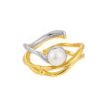 wholesale S925 Sterling Silver Novel Small Niche Personalized Two-Tone Plated Irregular Openwork Inlaid Freshwater Pearl Adjustable Ring for Women-0-5