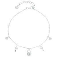 wholesale S925 sterling silver with zirconia four-leaf clover key lock head anklet, fashionable, luxurious, elegant, and sweet-Silver>925 silver