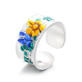 wholesale 990 Sterling Silver Wide Epoxy Resin Enamel Blooming Apricot Flower Open Ring Art Palace Style Index Finger Ring-0-4