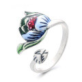 wholesale S925 Sterling Silver Retro Antique Matte Craft Resin Green Leaf Lotus Three-Dimensional Trendy Adjustable Ring-0-4