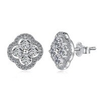 wholesale S925 Sterling Silver Women's Light Luxury Dainty Four-Leaf Clover Mother-of-Pearl Zircon Ear Studs with Silver Needles-DY1D0332-SW-WH 925 silver