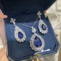 wholesale 925 silver gold-plated, luxurious bezel-set full diamond teardrop style lab-grown blue sapphire 6 carat pendant earrings for women as a gift-0-0