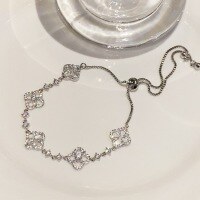 wholesale S925 Sterling Silver Wealthy Heiress Style Four-Leaf Clover Flower Shell Diamond-Inlaid Adjustable Bracelet for Women, Exquisite and Light Luxury Celebrity Fashion-Platinum 925 silver