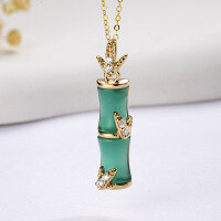 wholesale 18K Gold Bamboo Green Agate Pendant with Moissanite, Rising Higher, Available in Other Materials, Direct from Manufacturer-Yellow gold 18K (without chain)