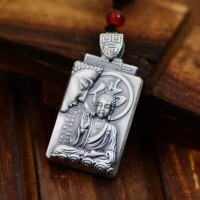 wholesale 990 Sterling Silver Retro Matte Square Pendant with Buddha and Dragon Pattern, Unisex Long Necklace for Women and Men-Buddha pendant (without string) Pure silver