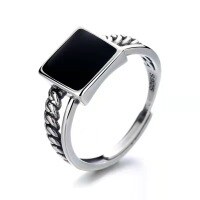 wholesale S925 Sterling Silver Trendy Elegant Resin Black Square Ring INS Korean Dongdaemun Index Finger Ring for Women-073J/approx. 2.5g Opening adjustable
