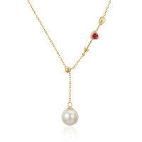 wholesale Metal 18K 14K 9K Gold Collarbone Chain Arrow Through Heart Red Tourmaline Zircon Drop Shipping-Platinum 9K-Tourmaline + Freshwater Pearl