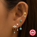 wholesale S925 Sterling Silver Rhinestone Piercing Thread Ear Cuff with Fringe Chain, Turquoise Heart-0-2