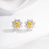 S925 Sterling Silver Sunflower Stud Earrings with Radiant Cut Ice Flower and High-Carbon Diamonds-Yellow Diamond - ED046  925 Silver
