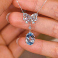 wholesale 925 Sterling Silver Bow Necklace for Women, Summer New Style Blue Aquamarine Ins Style Elegant Pendant-0-0