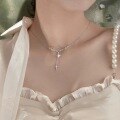 wholesale S925 Sterling Silver Sweet Cross Tassel Inlaid Diamond Starry Y-Collar Necklace D8823 for Women-0-2
