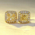wholesale S925 Sterling Silver New High-Carbon Square Yellow Diamond Stud Earrings for Women, Radiant Cut, Petite and Versatile for Daily Wear-0-0