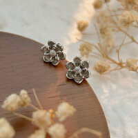 wholesale Sterling Silver S999 Camellia Stud Earrings for Women, Small Batch Design, Fashion-Forward Vintage Antique Finish, Korean Style-S999 pure silver