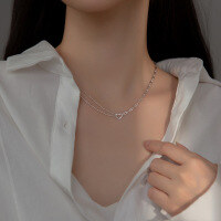 wholesale S925 silver asymmetrical double-layer hollow heart necklace chain retro women's choker D9069-S925 Silver Necklace 925 Silver