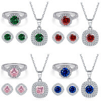 wholesale S925 Sterling Silver Zircon Ruby Earrings Aquamarine Necklace Pink Diamond Ring Jewelry Set Three-Piece Suite-Pink Ring TLQL-004 US Size 8#