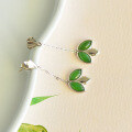 wholesale 925 Sterling Silver with Hetian Jasper Green Jade Long Leaf Earrings-0-1