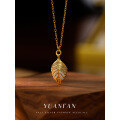 wholesale S925 Sterling Silver Golden Branch Jade Leaf Luxury Necklace Women Small Solid 3D Leaf Zircon Choker Autumn Winter Sweater Chain-0-0