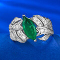 wholesale S925 Sterling Silver Simulated Emerald Marquise Leaf Ring for Women, Everyday Elegant Style-0-5