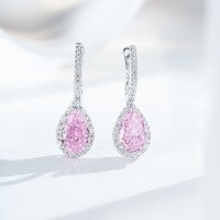 S925 Sterling Silver Teardrop High Carbon Diamond Earrings with Radiant Cut Icy Floral Design-Pink Diamond - ED102  925 Silver