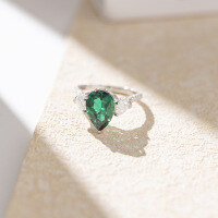 wholesale S925 Silver Plated with 18k Gold, Lab-Created Emerald Waterdrop 9*13mm High-End Jewelry Closed Back Ring-Cultured Emerald + Side Moissanite  US Size 5