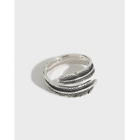 wholesale S925 Sterling Silver 428 Korean Version Tail Ring Knuckle Ring Vintage Retro Weathered Design Pastoral Style Feather Ring for Women-Vintage Silver [No. 5/Adjustable] Adjustable opening