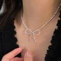 wholesale S925 Sterling Silver Crushed Silver Bow Necklace for Women, South Korea Summer New Small Minimalist Collarbone Chain-0-2