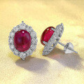 wholesale S925 silver new 8*10mm full diamond-encrusted simulated pigeon blood red chalcedony earrings for women-0-1