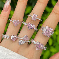 wholesale S925 Sterling Silver Cross-Border Europe and America Women's Ring, Light Luxury Advanced Sense with 8A Zircon Ice Flower Cut High-Carbon Diamond Heart-Shaped Ring-Platinum Pink Diamond DY120571-SW-BF 6