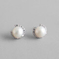 wholesale S925 Sterling Silver HED268 Korean Style Japanese-inspired Freshwater Pearl Mother-of-Pearl Earrings Sweet Fashion Diamond-inlaid Pearl Earrings-0-0
