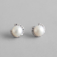 wholesale S925 Sterling Silver HED268 Korean Style Japanese-inspired Freshwater Pearl Mother-of-Pearl Earrings Sweet Fashion Diamond-inlaid Pearl Earrings-Platinum (sterling silver ear plugs)  925 silver