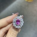 wholesale S925 Silver Lab-Grown Pink Ruby Simulated Diamond 7x9 Oval Ring Cluster Floral Wedding Ring-0-0