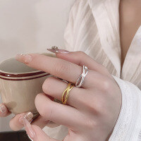 wholesale S925 Sterling Silver Adjustable Two-Tone Cross Ring for Women, Minimalist and Versatile Index Finger Ring-YQJ1400 Bright Silver: 2.7g  Adjustable opening