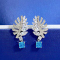 wholesale 925 Silver High-Carbon Diamond Earrings with Hand-Set 7*7 Aquamarine Princess-Cut Feather Drop Earrings-0-1