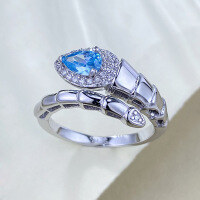 wholesale S925 Sterling Silver Zhuo Zhifang Jewelry Serpent Ring for Women, Versatile and Elegant, Fashionable and Luxurious Zircon Ring, High-End and Niche Style-R1303 Sea Blue Snake Ring Size 7