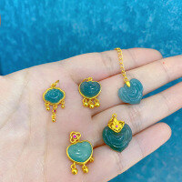 wholesale S925 Silver Gold-Plated Natural A-Grade Blue Water Jadeite Ruyi Pendant Extension Chain DIY Beaded Jewelry Craft Semi-Finished Product-Ruyi Lock Medium