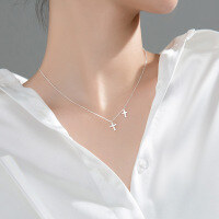 wholesale S925 silver Korean-style minimalist elegant double cross necklace for girls, petite diamond-inlaid collarbone chain D4495-S925 silver necklace