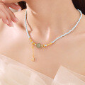 wholesale Vintage Natural Pearl Turquoise Hetian Jade Gourd Necklace for Women, Spring Summer Collarbone Chain, Light Luxury National Trend Style Necklace-0-3