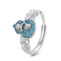 wholesale S925 Silver Ginkgo Leaf Gourd Diamond-Inlaid Ring, Ancient Enamel Technique Adjustable New Chinese Style Index Finger Ring-0-5
