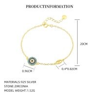 wholesale S925 Sterling Silver Evil Eye Bracelet For Women,。-F6041_Colored Zirconium_18K Yellow Plating_Swimming Paint_Palladium Base_325 Plain Cross Chain_16+3CM 925 Silver