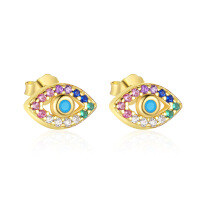 wholesale Metal, Cross-border Evil Eye Studs, Colored Zircon, Turquoise, European And American Minimalist Earrings, Retro Fashion, Personalized Jewelry-E5391_Zircon Green Pine/Colored Zircon_18K Yellow Plating_Swimming Paint_Palladium Base Pure Silver