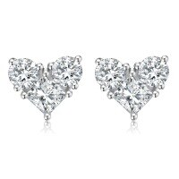 wholesale Au750 gold, high-end stylish 18k gold set with lab-grown diamond three-stone ear studs heart-shaped earrings-18k Gold Cultured Diamond Earrings (White Gold)
