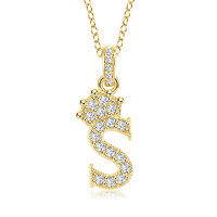 Gold-Plated Copper Crown Zircon Quartz Letter Pendant Necklace-Letter necklace S