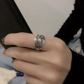 wholesale S925 Sterling Silver Japanese Korean Retro Vintage Thai Silver Ins Minimalist Style Line Cross Open Adjustable Ring Unisex-0-3