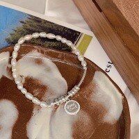 wholesale S925 Sterling Silver Natural Freshwater Pearl Bracelet for Women, Korean Summer New Style, Versatile Minimalist Round Tag Letter Hand Jewelry-Pure silver + natural pearls (17CM)