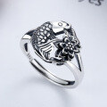 wholesale S925 Sterling Silver Year After Year Abundance Lotus Ring, Vintage Ethnic Style Antique Fish Design Adjustable Unisex Couple Band-0-0