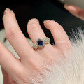 wholesale S925 Silver New 6*8mm French Lace Edge Blue Zircon Oval Ring Fashion Romantic Style-0-2
